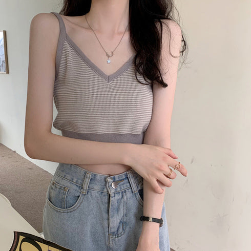 キャミソール ボーダー柄 ショート丈 レディース タンクトップ へそ出し サマーニット ノースリーブ インナー 重ね着 ニットトップス かわいい ニットキャミ 80XINSIYA-004